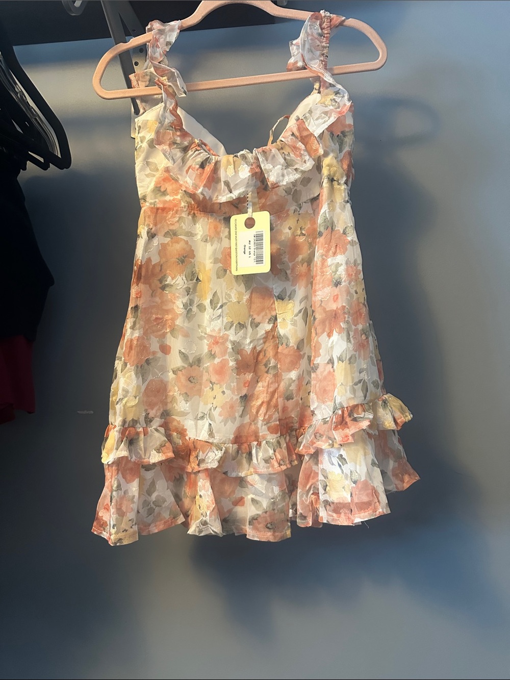 Selfie Leslie Peach Floral Mini Dress with Ruffles - Picture 1 of 4